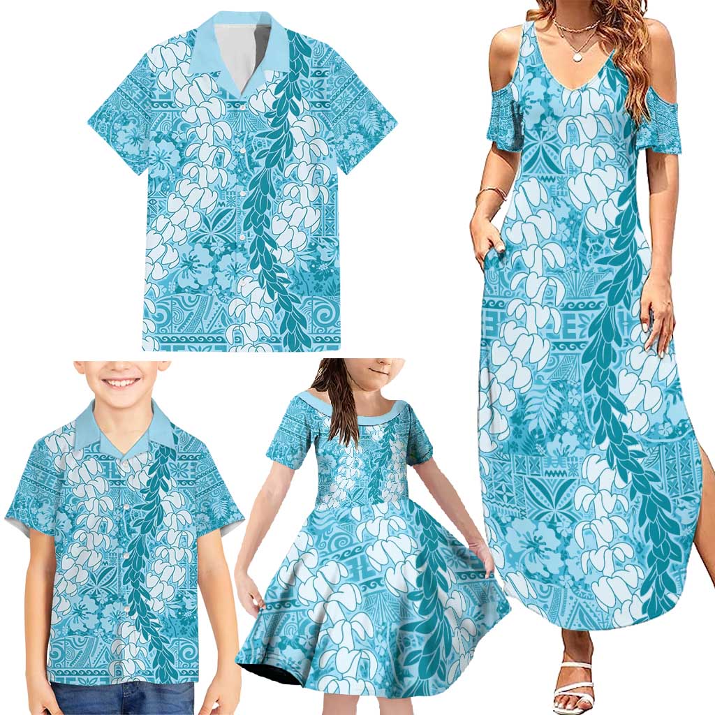 Blue Puakenikeni and Maile Lei Family Matching Summer Maxi Dress and Hawaiian Shirt Hawaiian Style Tribal Tapa Double Strand Lei