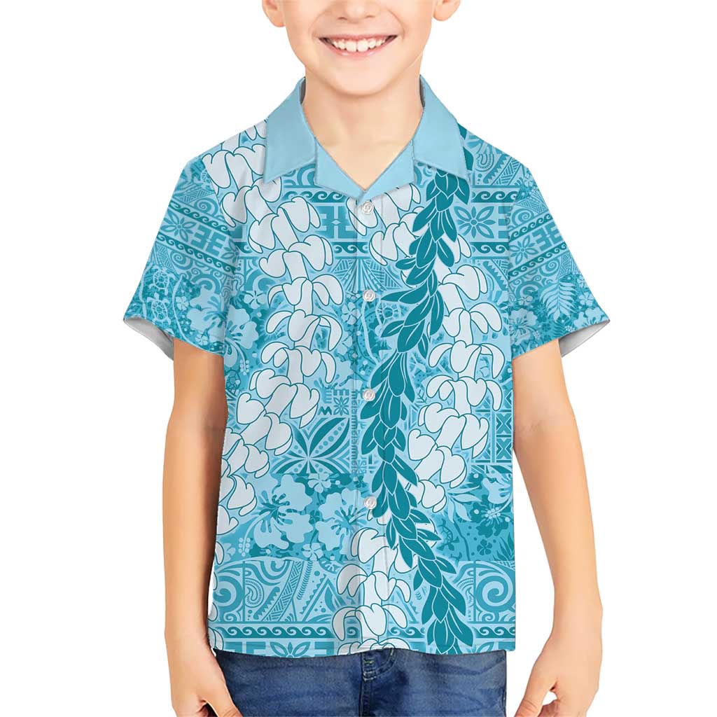 Blue Puakenikeni and Maile Lei Kid Hawaiian Shirt Hawaiian Style Tribal Tapa Double Strand Lei