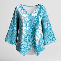 Blue Puakenikeni and Maile Lei Kimono Sleeve Blouse Hawaiian Style Tribal Tapa Double Strand Lei - Polynesian Pride