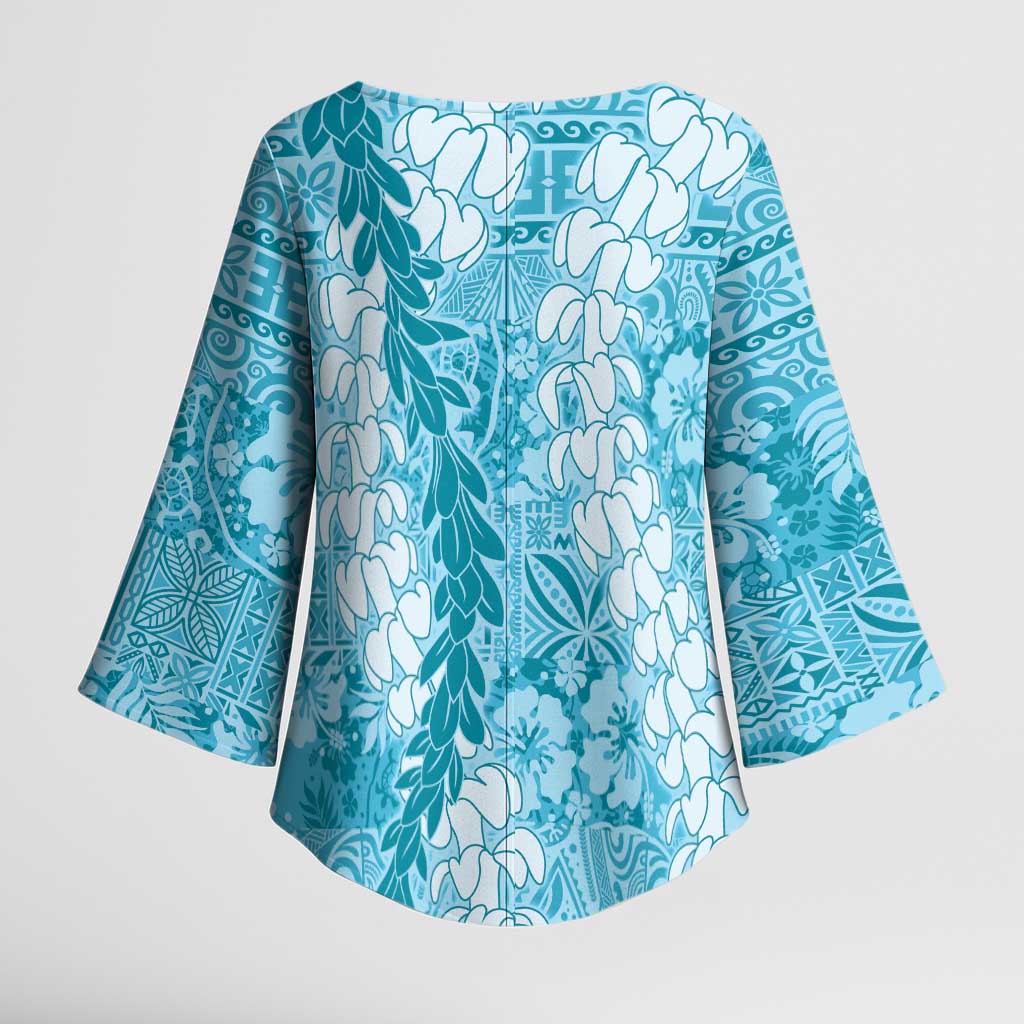 Blue Puakenikeni and Maile Lei Kimono Sleeve Blouse Hawaiian Style Tribal Tapa Double Strand Lei - Polynesian Pride