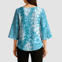 Blue Puakenikeni and Maile Lei Kimono Sleeve Blouse Hawaiian Style Tribal Tapa Double Strand Lei - Polynesian Pride