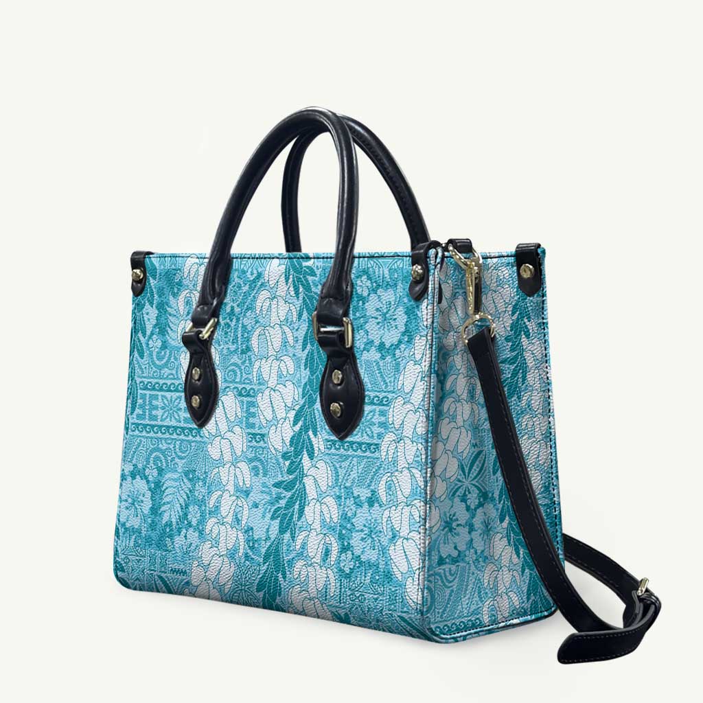Blue Puakenikeni and Maile Lei Leather Bag Hawaiian Style Tribal Tapa Double Strand Lei - Polynesian Pride