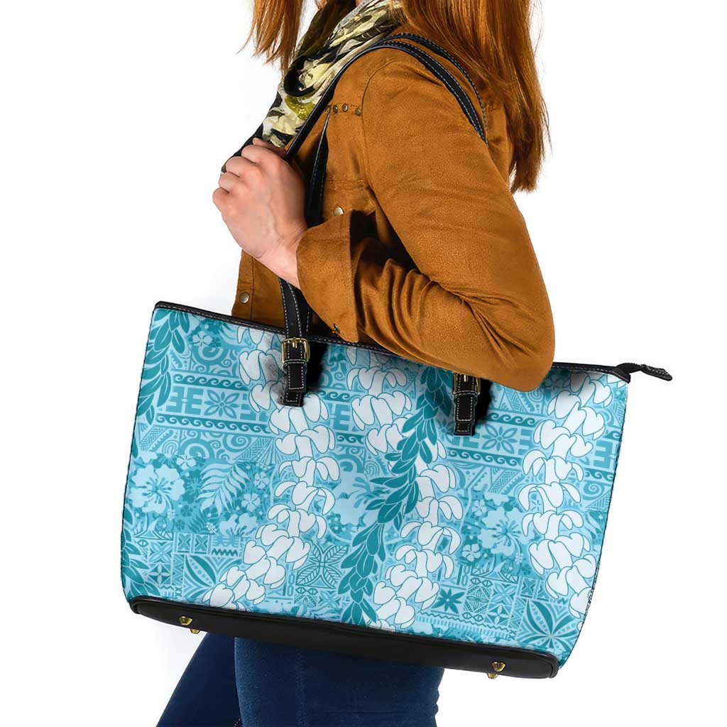 Blue Puakenikeni and Maile Lei Leather Tote Bag Hawaiian Style Tribal Tapa Double Strand Lei
