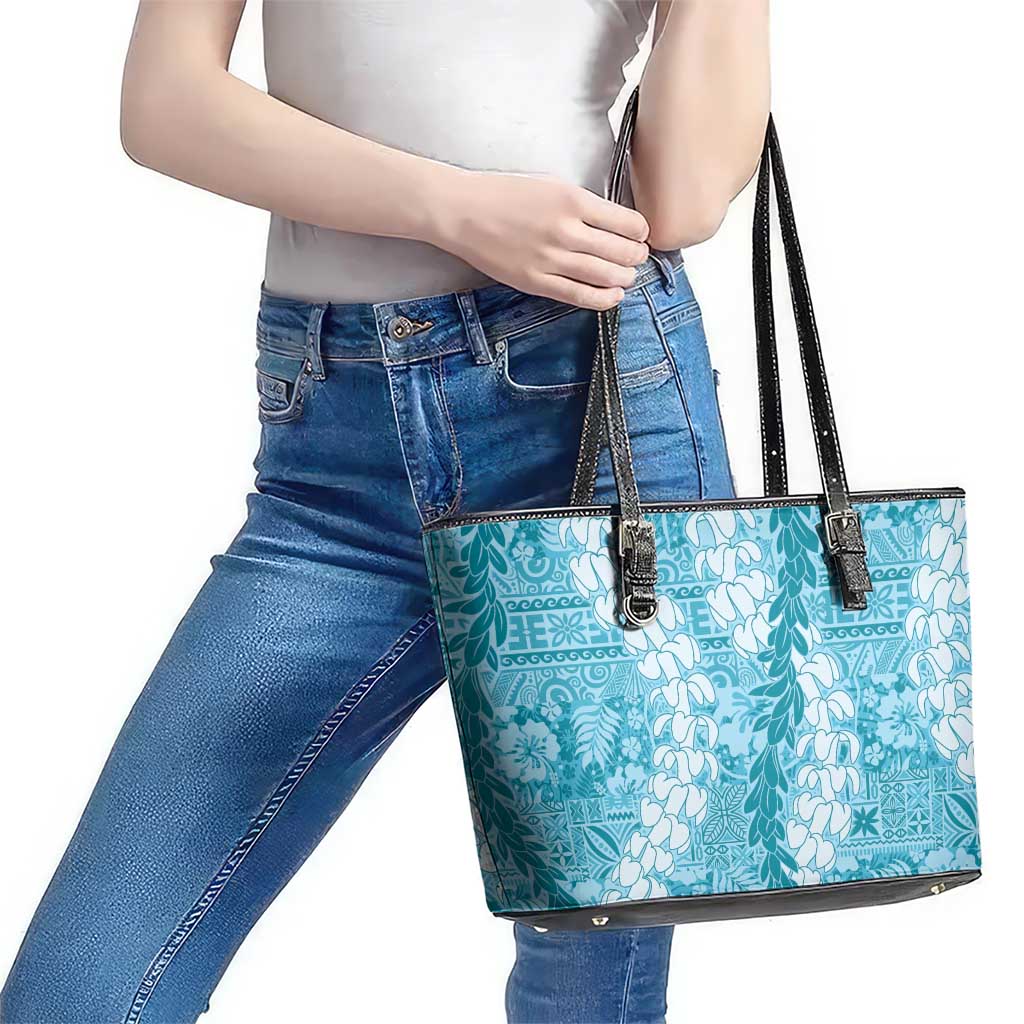 Blue Puakenikeni and Maile Lei Leather Tote Bag Hawaiian Style Tribal Tapa Double Strand Lei