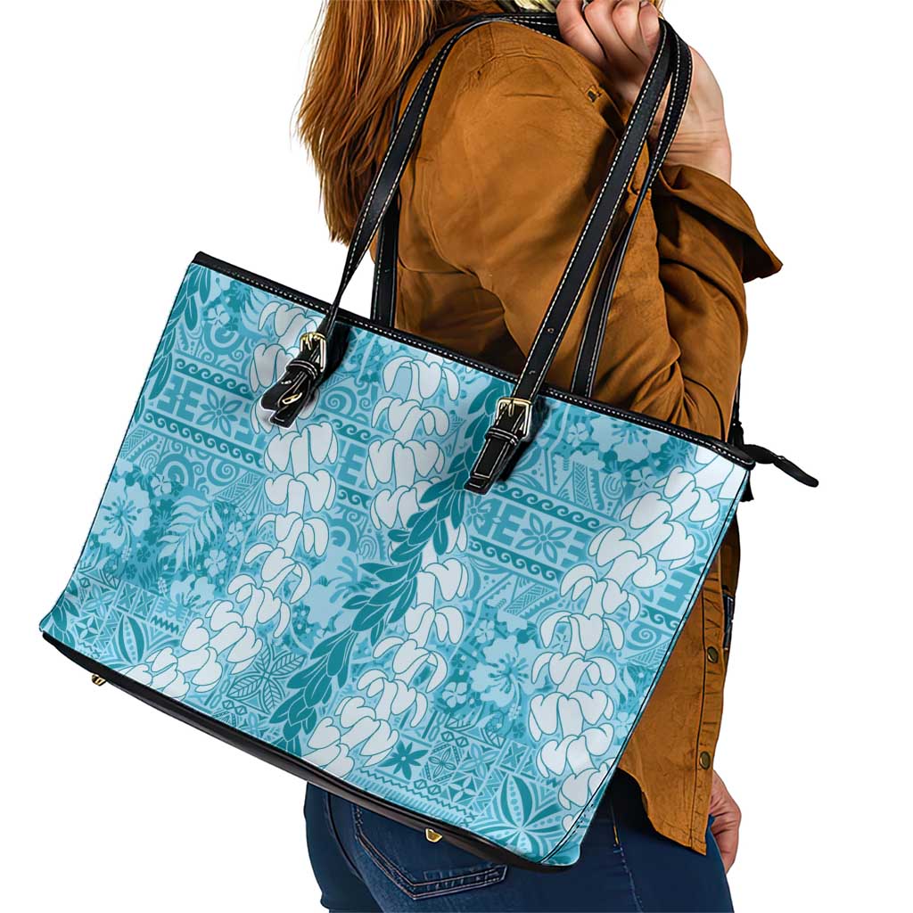 Blue Puakenikeni and Maile Lei Leather Tote Bag Hawaiian Style Tribal Tapa Double Strand Lei