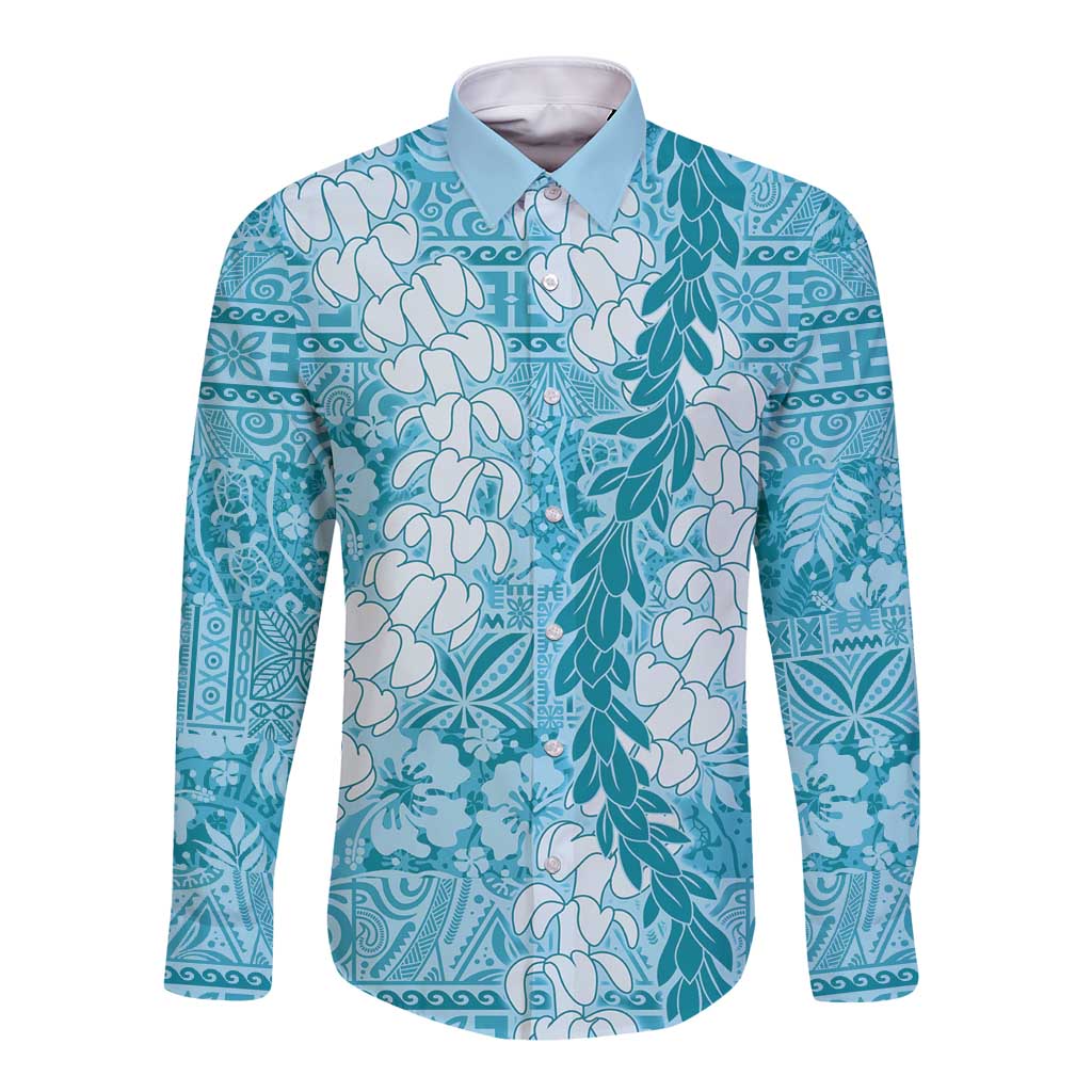 Blue Puakenikeni and Maile Lei Long Sleeve Button Shirt Hawaiian Style Tribal Tapa Double Strand Lei
