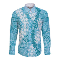 Blue Puakenikeni and Maile Lei Long Sleeve Button Shirt Hawaiian Style Tribal Tapa Double Strand Lei