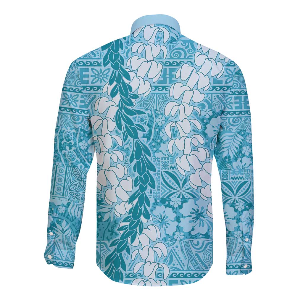 Blue Puakenikeni and Maile Lei Long Sleeve Button Shirt Hawaiian Style Tribal Tapa Double Strand Lei