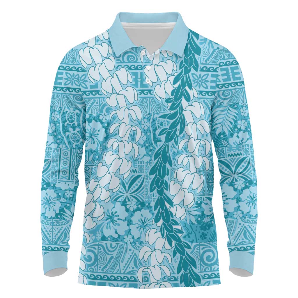 Blue Puakenikeni and Maile Lei Long Sleeve Polo Shirt Hawaiian Style Tribal Tapa Double Strand Lei