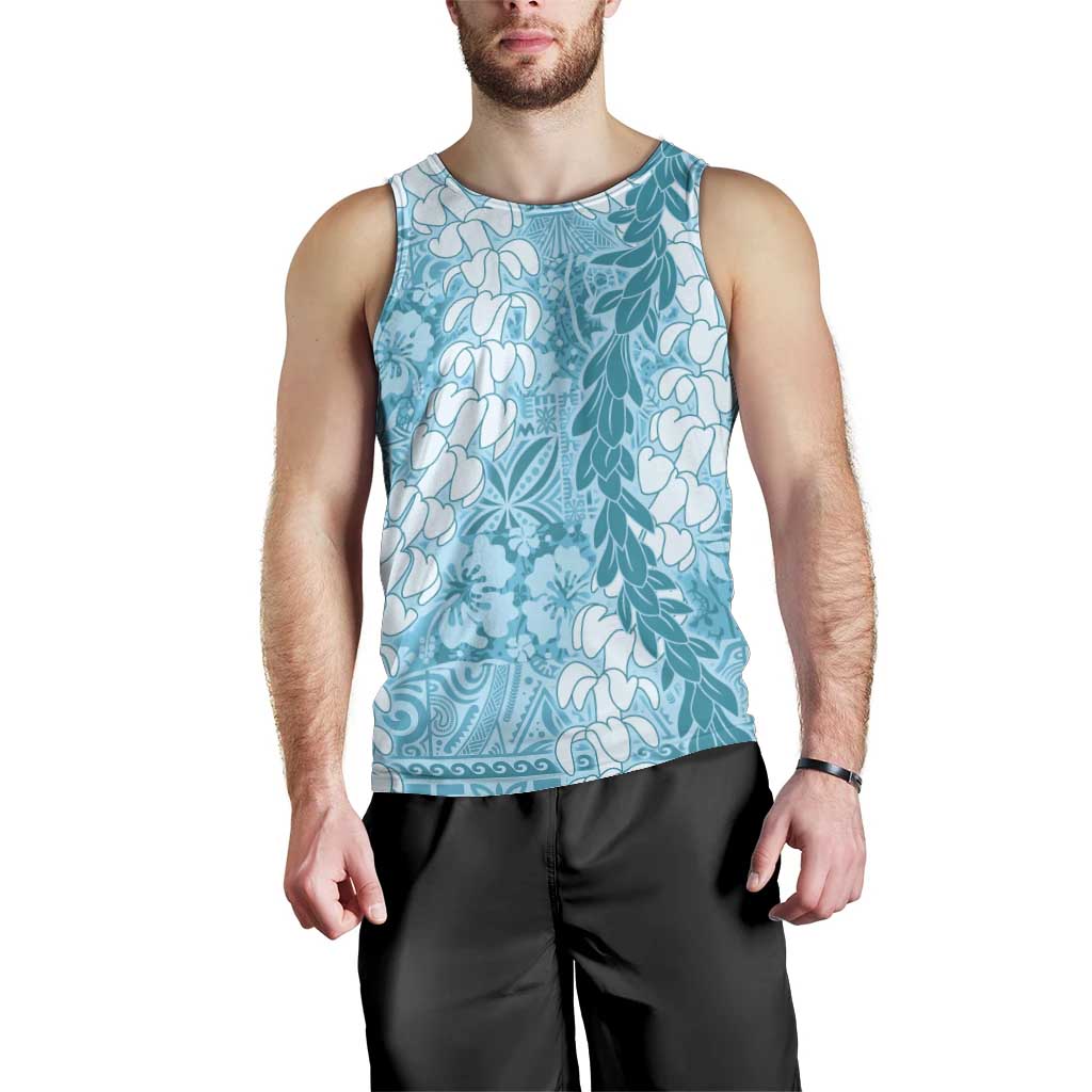 Blue Puakenikeni and Maile Lei Men Tank Top Hawaiian Style Tribal Tapa Double Strand Lei