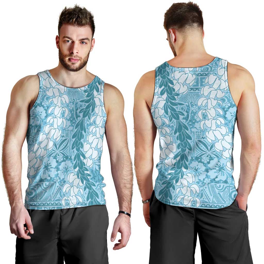 Blue Puakenikeni and Maile Lei Men Tank Top Hawaiian Style Tribal Tapa Double Strand Lei