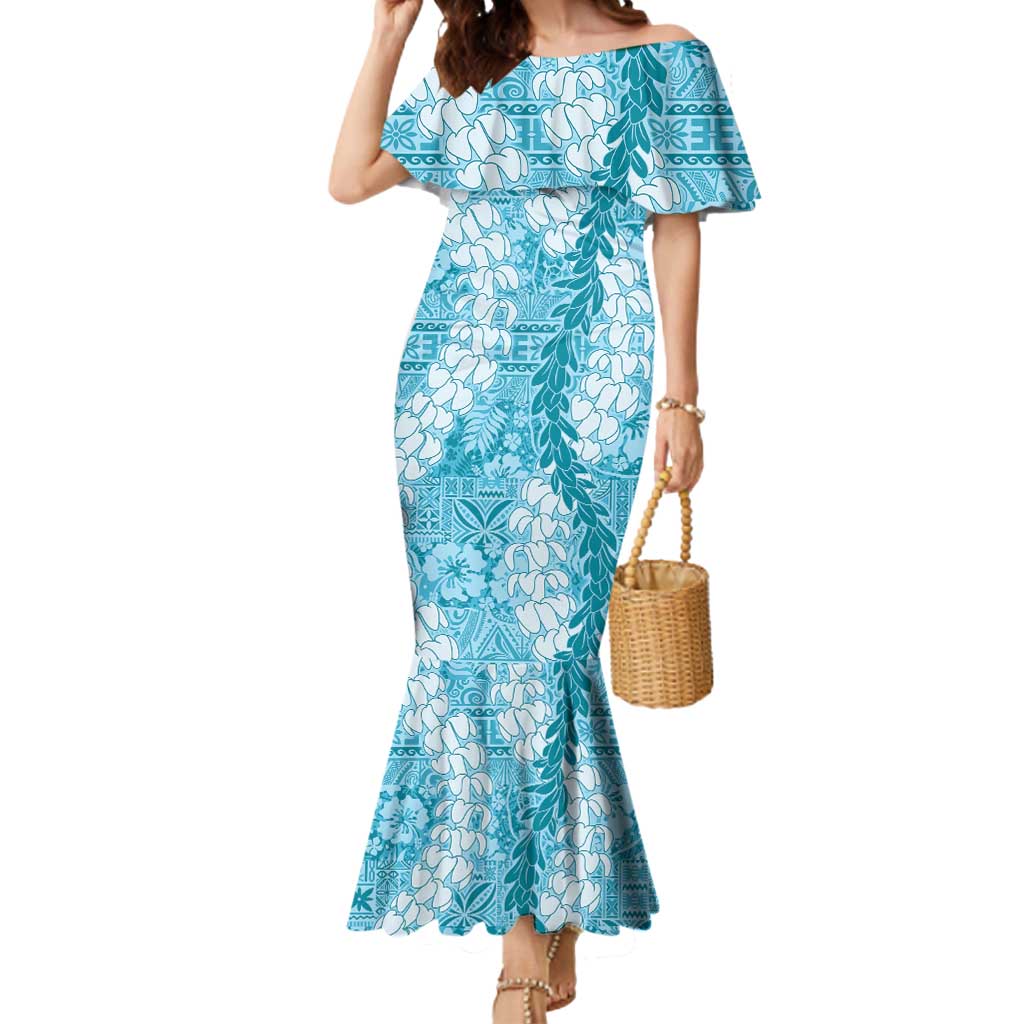 Blue Puakenikeni and Maile Lei Mermaid Dress Hawaiian Style Tribal Tapa Double Strand Lei