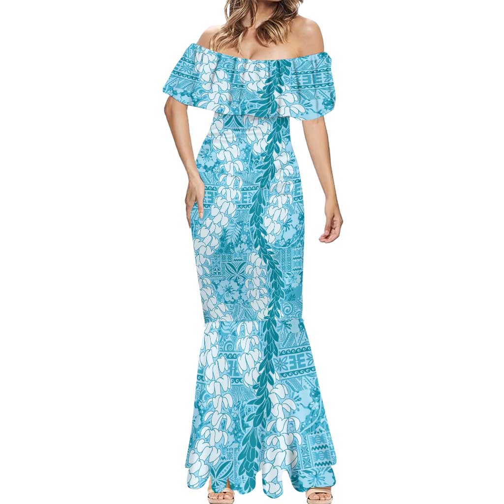Blue Puakenikeni and Maile Lei Mermaid Dress Hawaiian Style Tribal Tapa Double Strand Lei