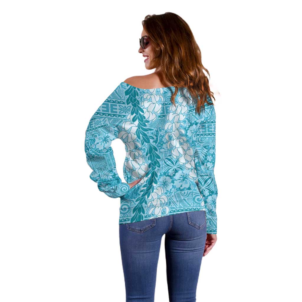 Blue Puakenikeni and Maile Lei Off Shoulder Sweater Hawaiian Style Tribal Tapa Double Strand Lei