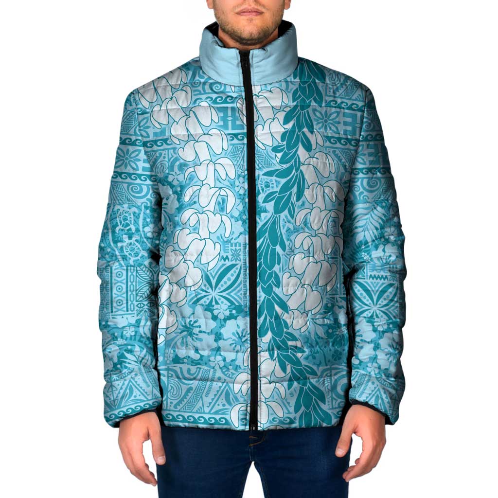 Blue Puakenikeni and Maile Lei Padded Jacket Hawaiian Style Tribal Tapa Double Strand Lei - Polynesian Pride