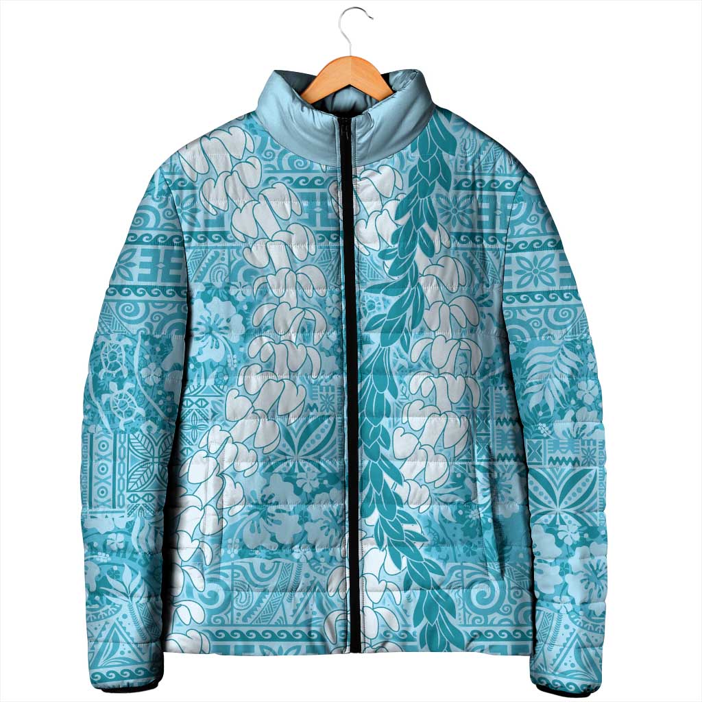 Blue Puakenikeni and Maile Lei Padded Jacket Hawaiian Style Tribal Tapa Double Strand Lei - Polynesian Pride