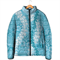 Blue Puakenikeni and Maile Lei Padded Jacket Hawaiian Style Tribal Tapa Double Strand Lei - Polynesian Pride