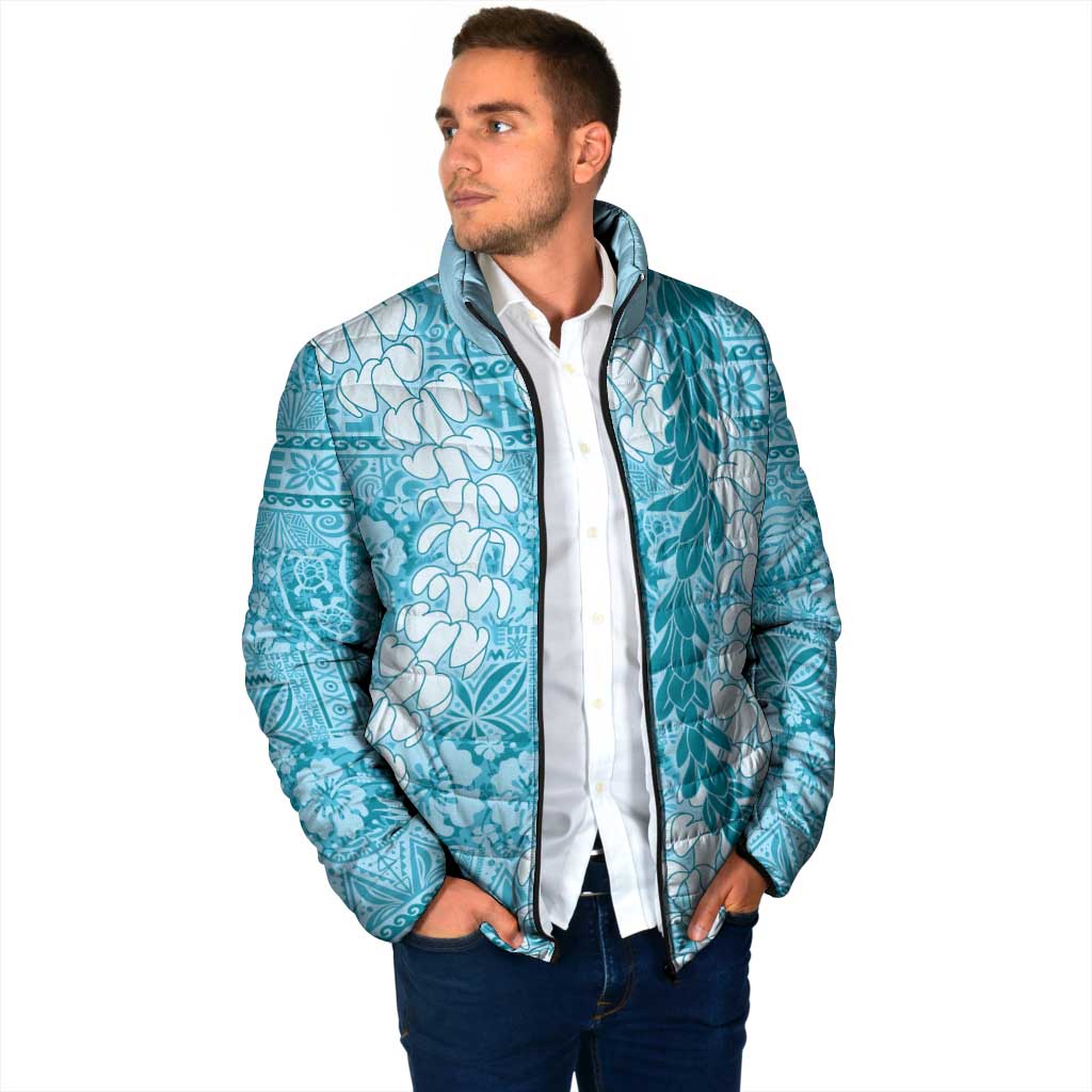 Blue Puakenikeni and Maile Lei Padded Jacket Hawaiian Style Tribal Tapa Double Strand Lei - Polynesian Pride