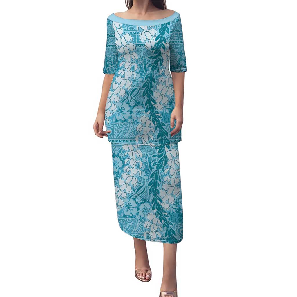 Blue Puakenikeni and Maile Lei Puletasi Hawaiian Style Tribal Tapa Double Strand Lei