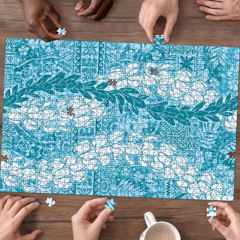 Blue Puakenikeni and Maile Lei Puzzle Hawaiian Style Tribal Tapa Double Strand Lei - Polynesian Pride