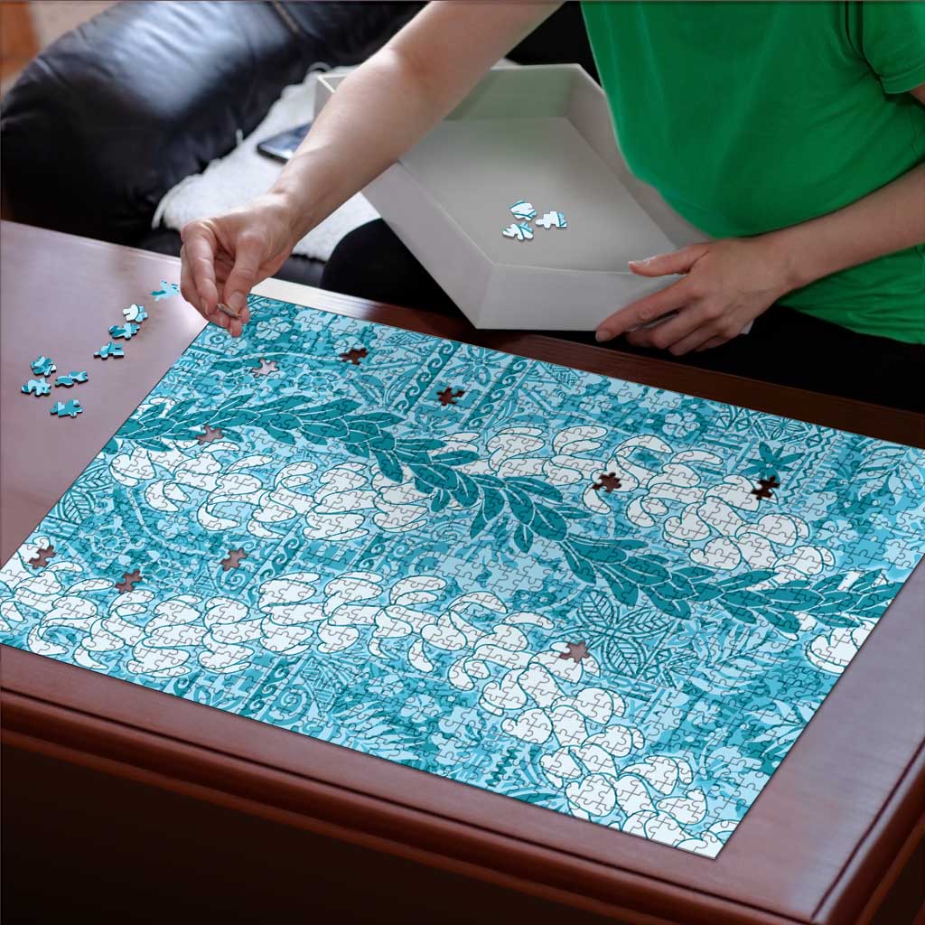 Blue Puakenikeni and Maile Lei Puzzle Hawaiian Style Tribal Tapa Double Strand Lei - Polynesian Pride