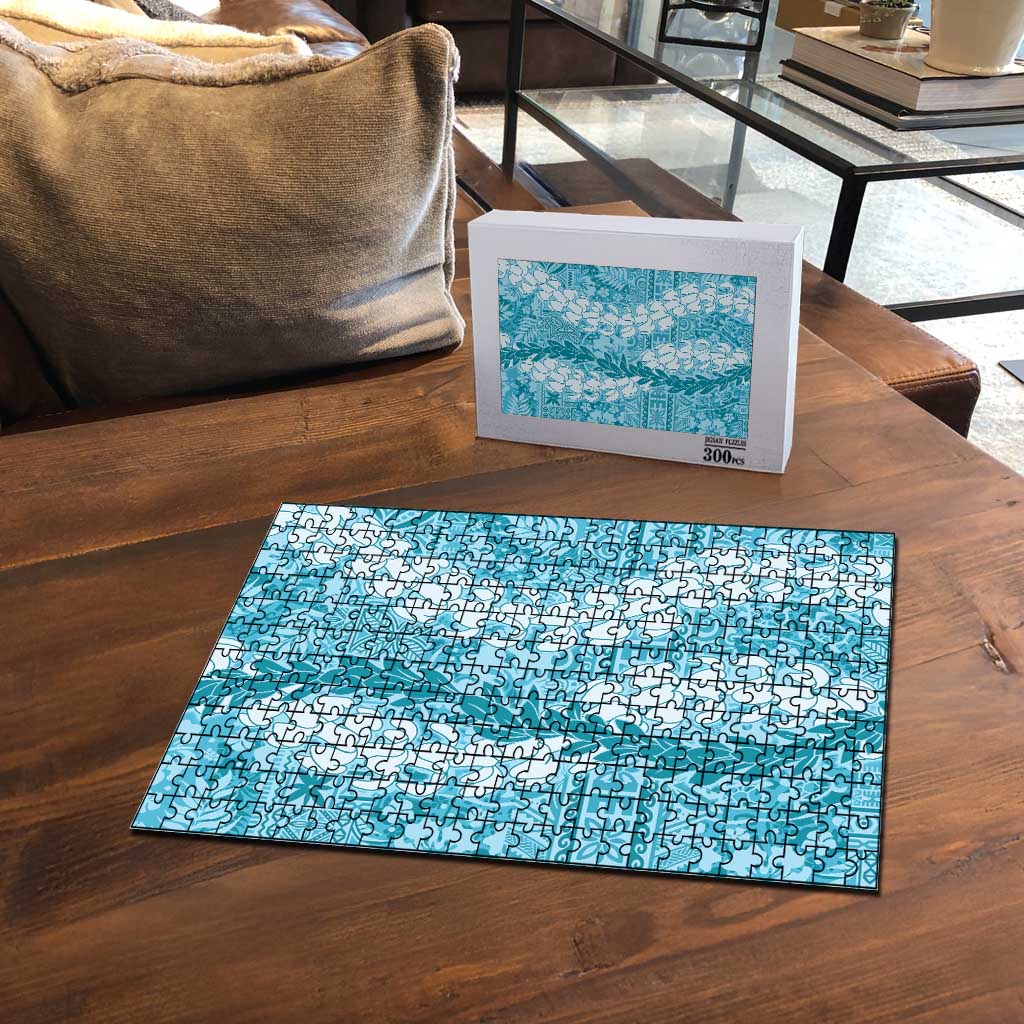 Blue Puakenikeni and Maile Lei Puzzle Hawaiian Style Tribal Tapa Double Strand Lei - Polynesian Pride