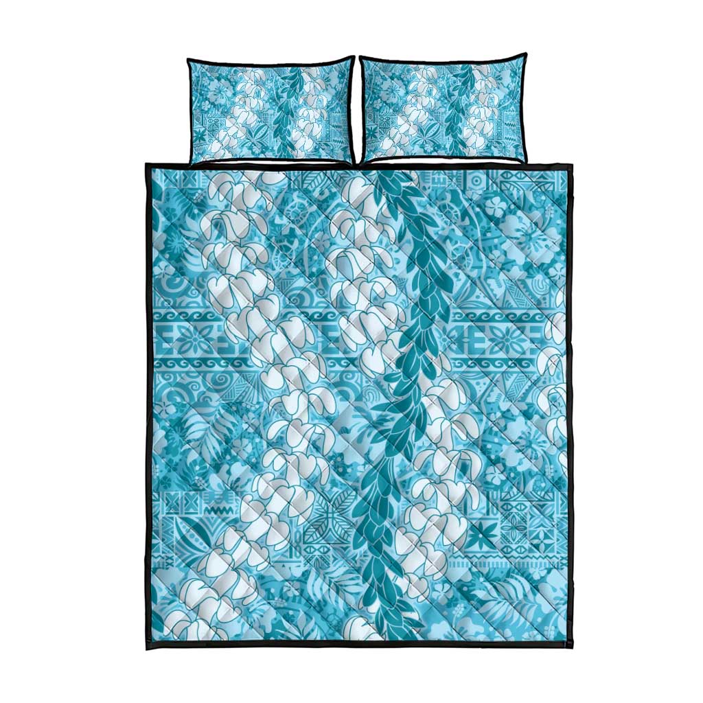 Blue Puakenikeni and Maile Lei Quilt Bed Set Hawaiian Style Tribal Tapa Double Strand Lei