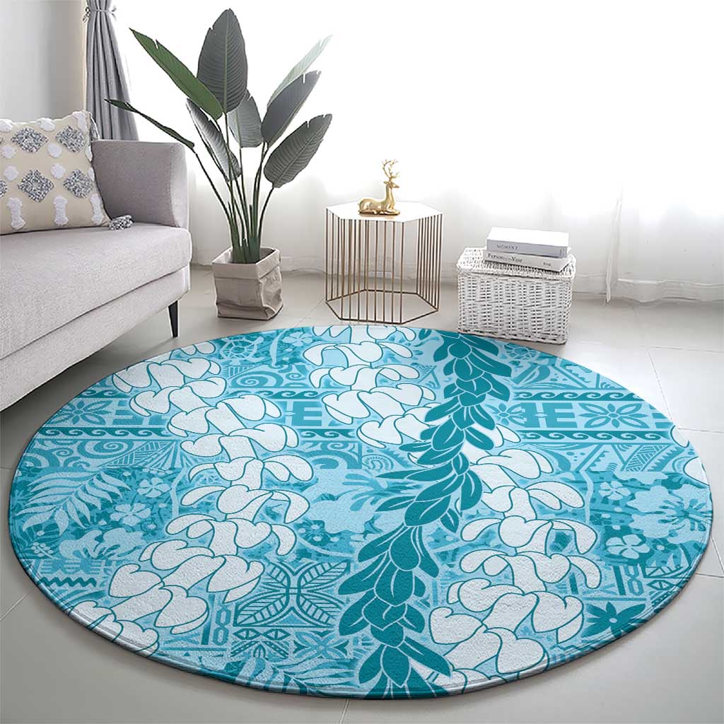 Blue Puakenikeni and Maile Lei Round Carpet Hawaiian Style Tribal Tapa Double Strand Lei