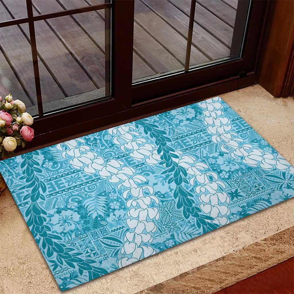 Blue Puakenikeni and Maile Lei Rubber Doormat Hawaiian Style Tribal Tapa Double Strand Lei
