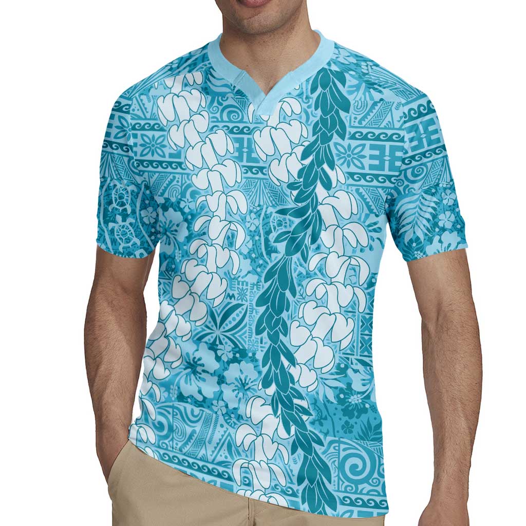 Blue Puakenikeni and Maile Lei Rugby Jersey Hawaiian Style Tribal Tapa Double Strand Lei