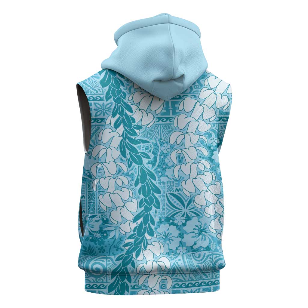 Blue Puakenikeni and Maile Lei Sleeveless Hoodie Hawaiian Style Tribal Tapa Double Strand Lei - Polynesian Pride