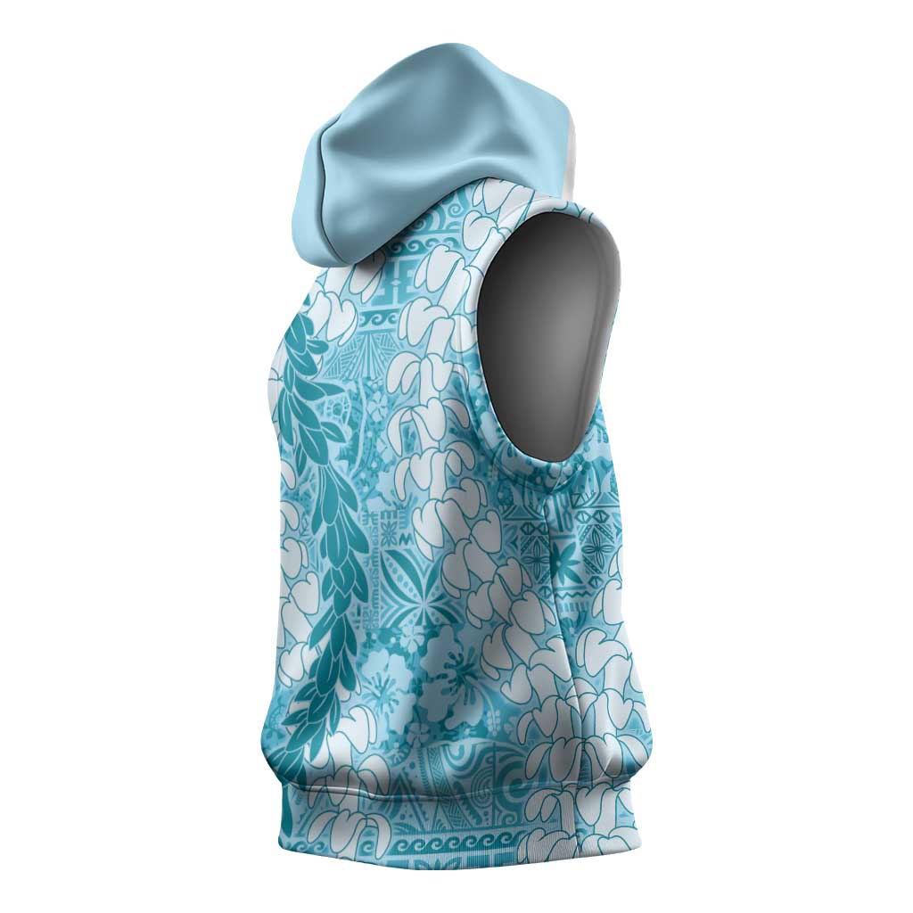 Blue Puakenikeni and Maile Lei Sleeveless Hoodie Hawaiian Style Tribal Tapa Double Strand Lei - Polynesian Pride