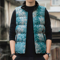 Blue Puakenikeni and Maile Lei Sleeveless Puffer Jacket Hawaiian Style Tribal Tapa Double Strand Lei - Polynesian Pride