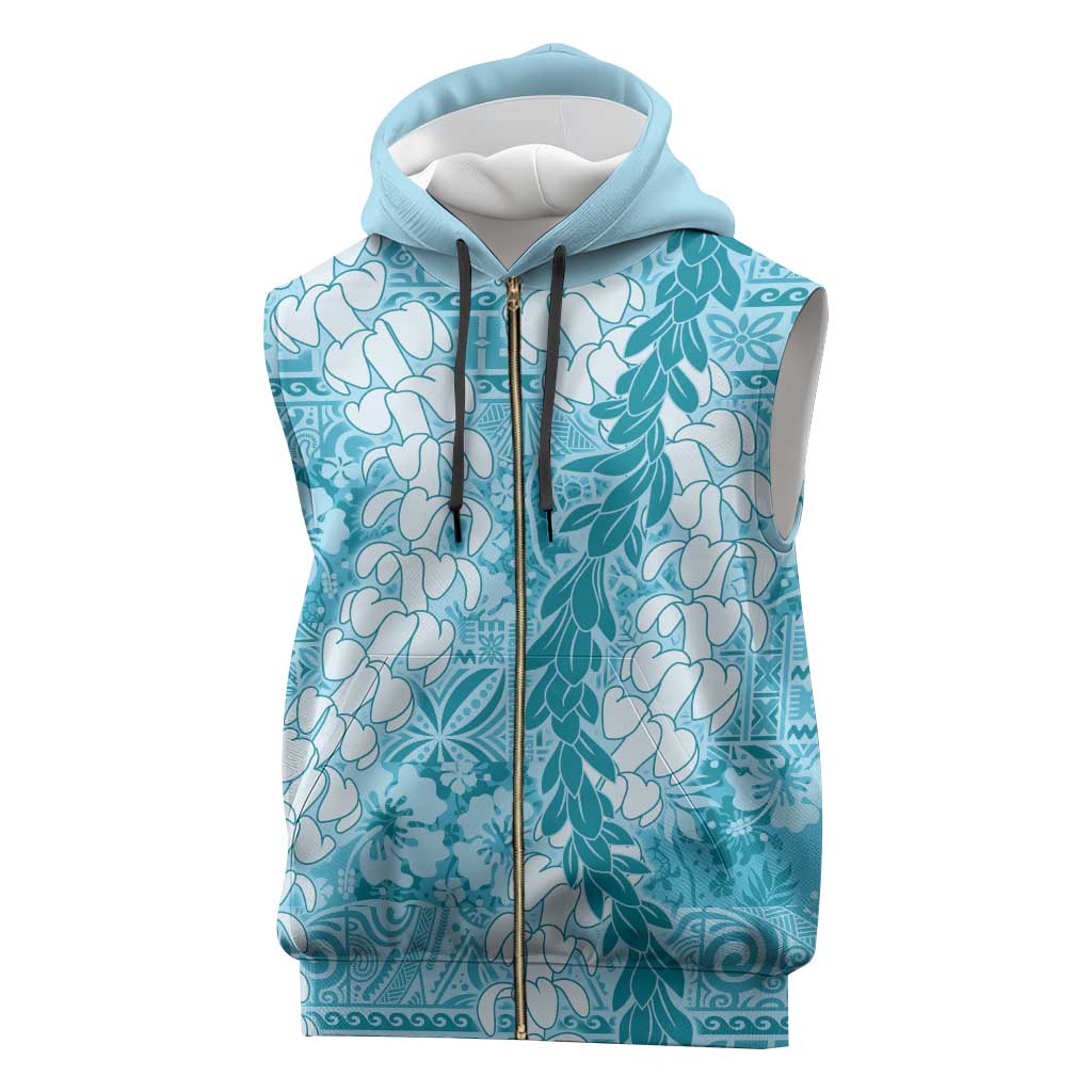 Blue Puakenikeni and Maile Lei Sleeveless Zip Hoodie Hawaiian Style Tribal Tapa Double Strand Lei - Polynesian Pride