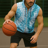 Blue Puakenikeni and Maile Lei Sleeveless Zip Hoodie Hawaiian Style Tribal Tapa Double Strand Lei - Polynesian Pride