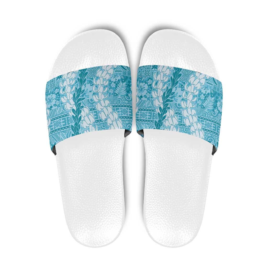 Blue Puakenikeni and Maile Lei Slide Sandals Hawaiian Style Tribal Tapa Double Strand Lei - Polynesian Pride