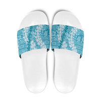 Blue Puakenikeni and Maile Lei Slide Sandals Hawaiian Style Tribal Tapa Double Strand Lei - Polynesian Pride