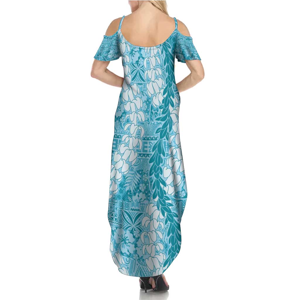 Blue Puakenikeni and Maile Lei Summer Maxi Dress Hawaiian Style Tribal Tapa Double Strand Lei