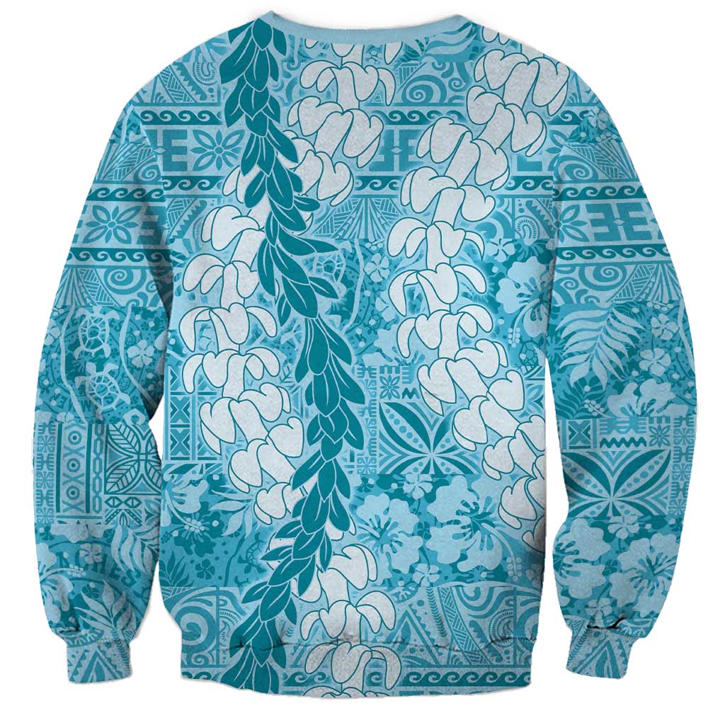 Blue Puakenikeni and Maile Lei Sweatshirt Hawaiian Style Tribal Tapa Double Strand Lei