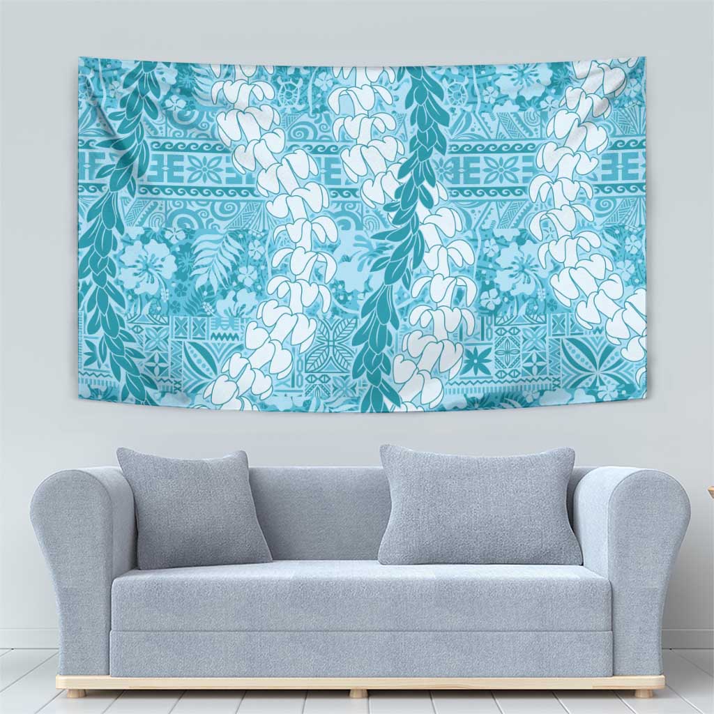 Blue Puakenikeni and Maile Lei Tapestry Hawaiian Style Tribal Tapa Double Strand Lei