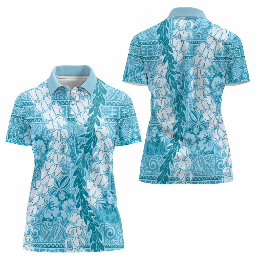 Blue Puakenikeni and Maile Lei Women Polo Shirt Hawaiian Style Tribal Tapa Double Strand Lei