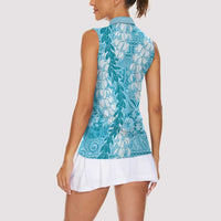 Blue Puakenikeni and Maile Lei Women Sleeveless Polo Shirt Hawaiian Style Tribal Tapa Double Strand Lei