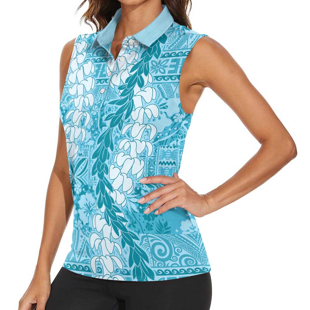 Blue Puakenikeni and Maile Lei Women Sleeveless Polo Shirt Hawaiian Style Tribal Tapa Double Strand Lei