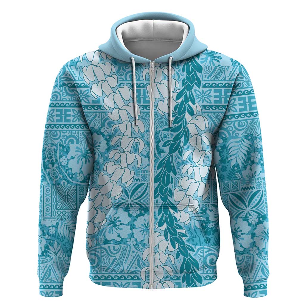 Blue Puakenikeni and Maile Lei Zip Hoodie Hawaiian Style Tribal Tapa Double Strand Lei