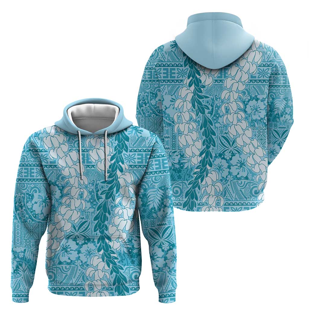 Blue Puakenikeni and Maile Lei Zip Hoodie Hawaiian Style Tribal Tapa Double Strand Lei