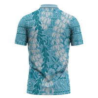 Blue Puakenikeni and Maile Lei Zipper Polo Shirt Hawaiian Style Tribal Tapa Double Strand Lei - Polynesian Pride