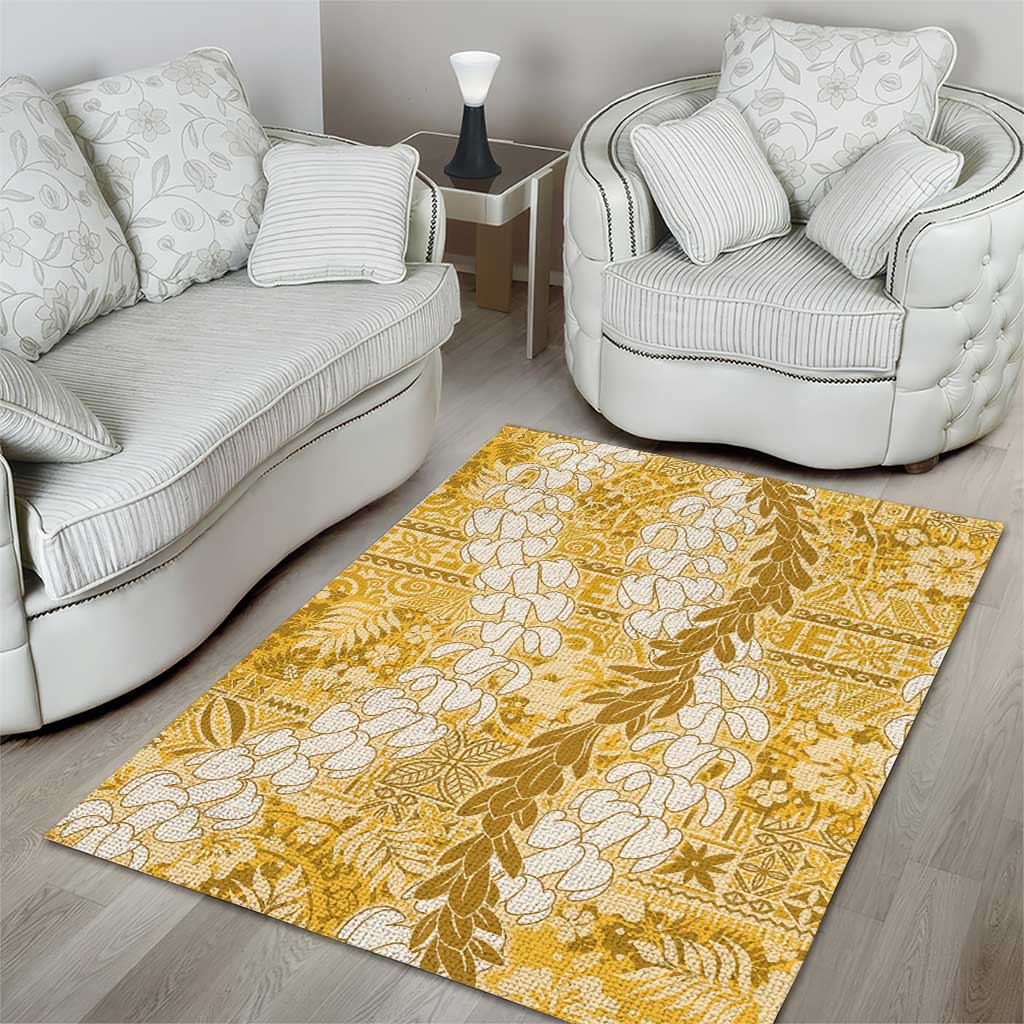 Gold Puakenikeni and Maile Lei Area Rug Hawaiian Style Tribal Tapa Double Strand Lei