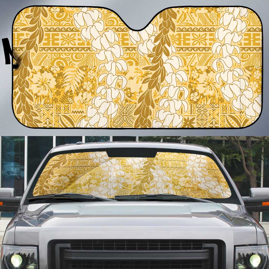 Gold Puakenikeni and Maile Lei Auto Sun Shade Hawaiian Style Tribal Tapa Double Strand Lei - Polynesian Pride
