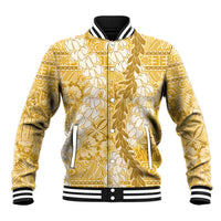 Gold Puakenikeni and Maile Lei Baseball Jacket Hawaiian Style Tribal Tapa Double Strand Lei
