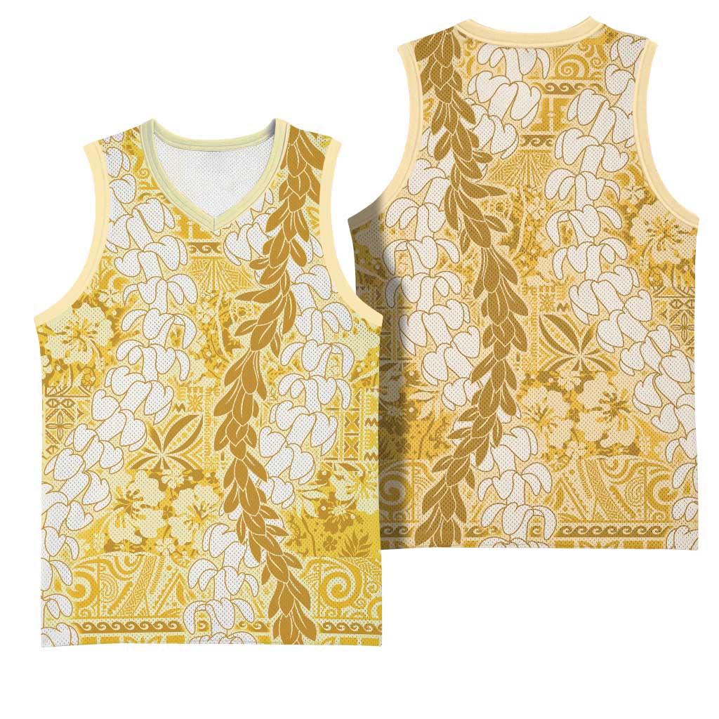 Gold Puakenikeni and Maile Lei Basketball Jersey Hawaiian Style Tribal Tapa Double Strand Lei - Polynesian Pride